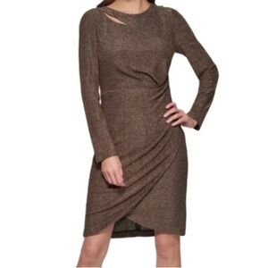 DKNY Dress Gold Black Ruched Stretch Metallic Long Sleeve Sheath Bodycon Size 10
